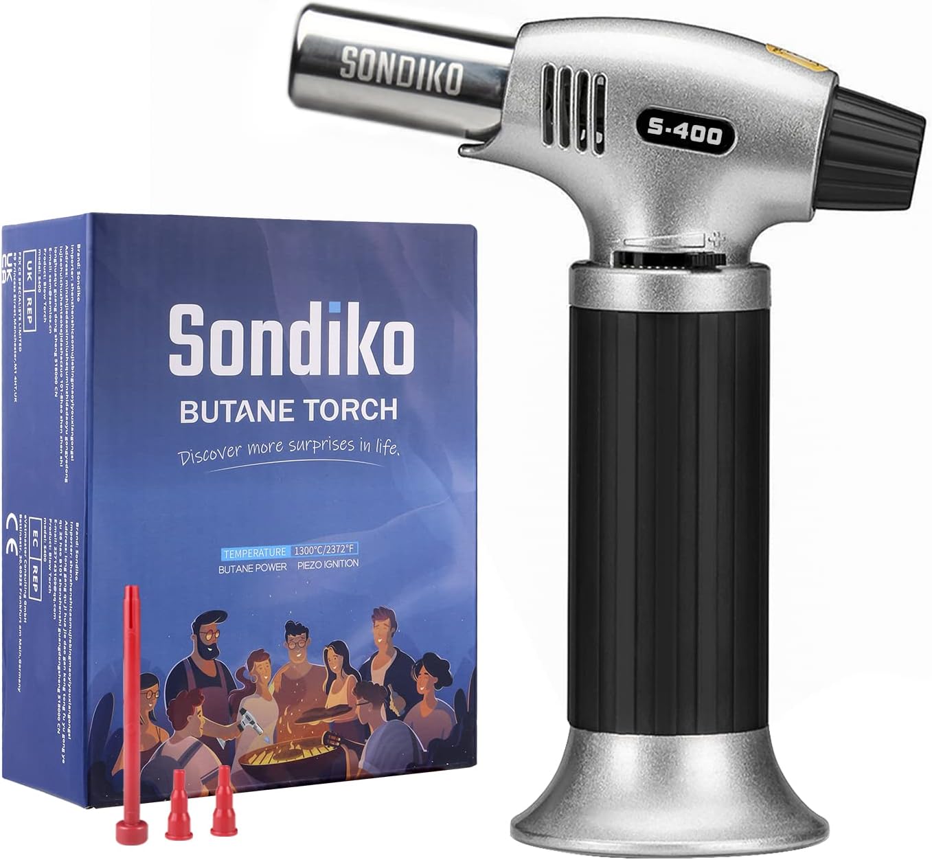 Sondiko Butane Torch - Refillable Kitchen Torch Lighter, Fit All Butane Tanks Blow Torch with Safety Lock and Adjustable Flame for Desserts, Creme Brulee, BBQ and Baking (Butane Gas Not Included)